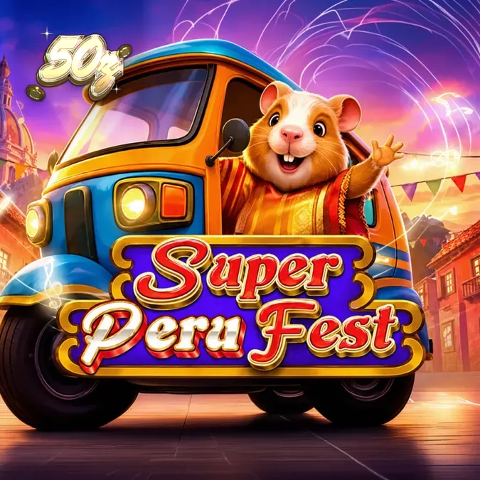 Tampilan antarmuka seluler Super Peru Fest dengan tema festival Peru yang ceria